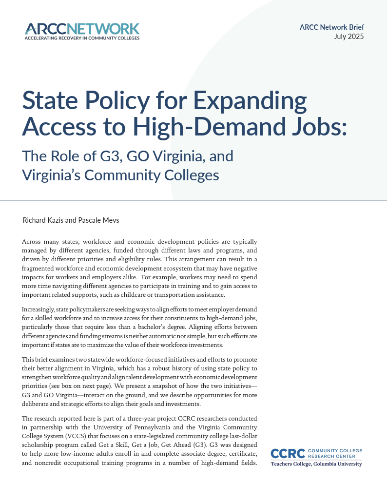 State Policy for Expanding Access to High-Demand Jobs: The Role of G3, GO Virginia, and Virginia’s Community Colleges
